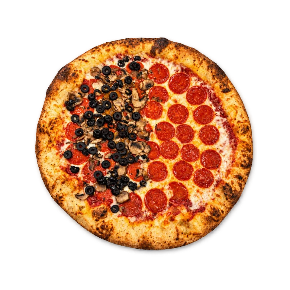 Half pepperoni and half mushroom and olive pizza