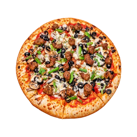 House Combo Pizza with meat, mushrooms, olives and peppers