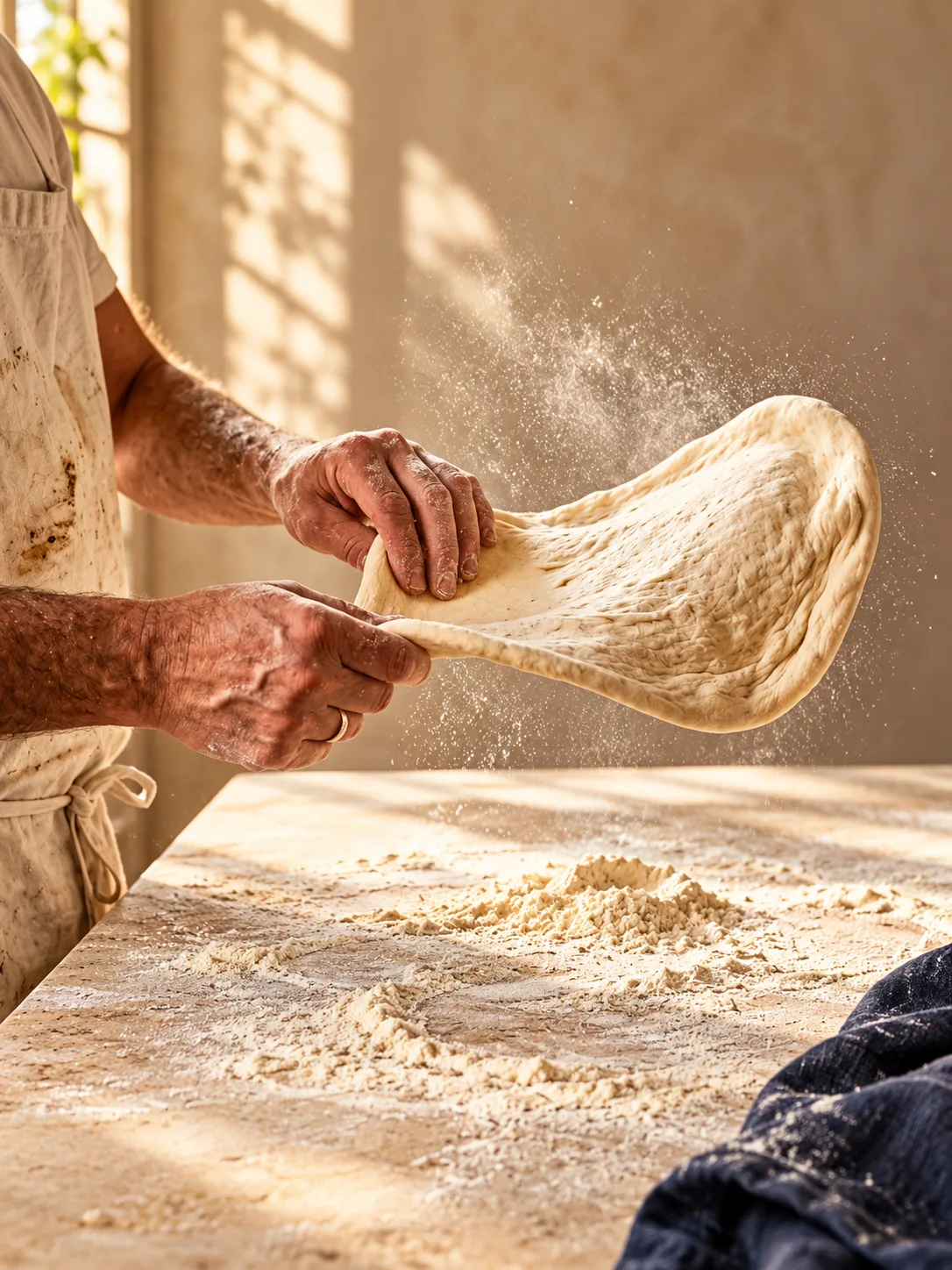 Baker stretching fresh pizza dough by hand on a floured counter
