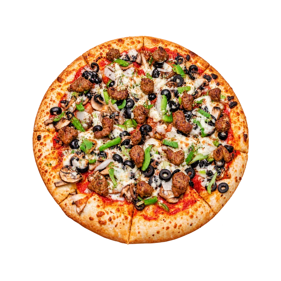 House Combo Pizza with meat, mushrooms, olives and peppers